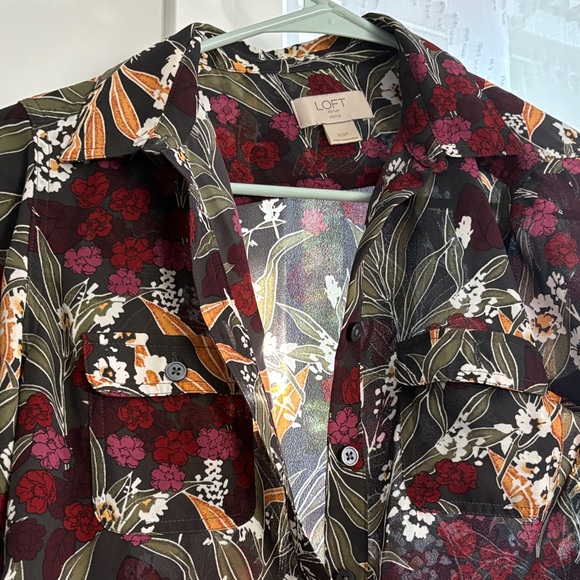 LOFT Dark Floral Blouse with Red and White Accents - Picture 1 of 3